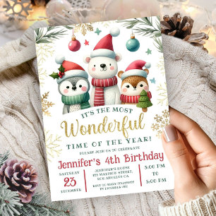 Winter Wonderland Boho Snow Animals 4th Birthday Invitation