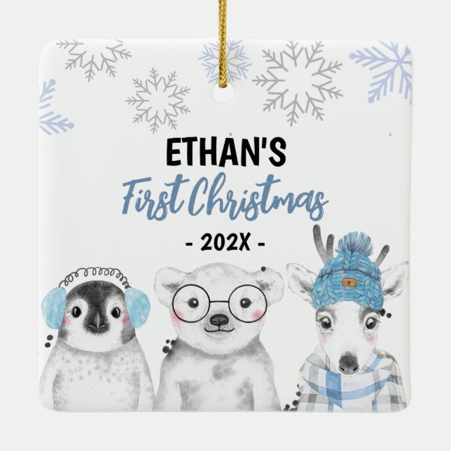 Winter Wonderland Boy First Christmas Ceramic Ornament (Back)