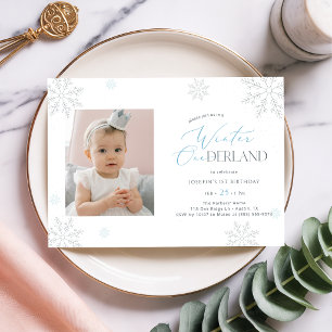 Winter Wonderland Boy Girl Photo First Birthday Invitation