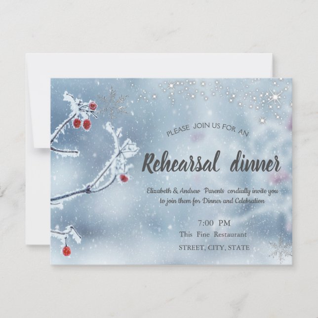 Winter Wonderland Branches Blue Rehearsal Dinner Invitation (Front)