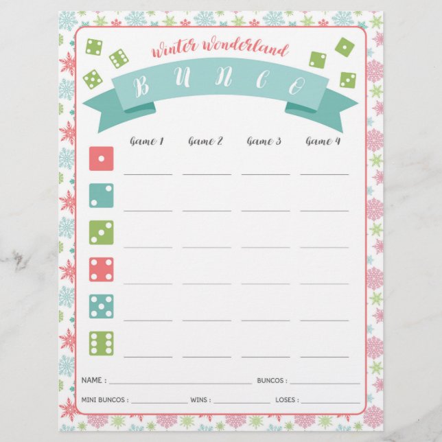 Winter Wonderland Bunco Party Jeu carte (Devant)