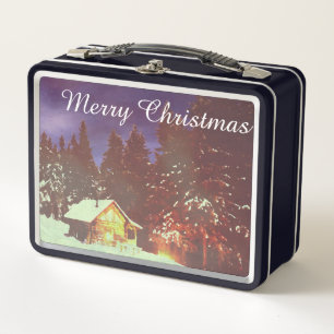 Winter Wonderland Cabin Merry Christmas Cozy Metal Lunch Box