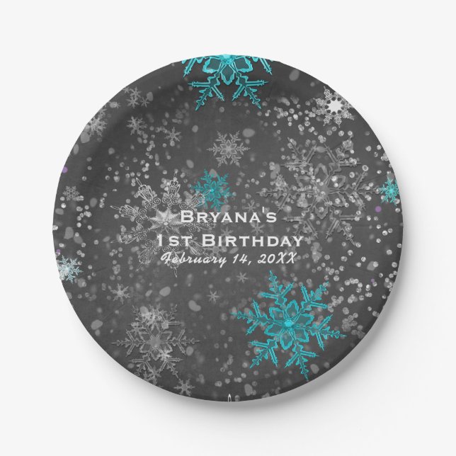 Winter Wonderland Chalk Teal & Purple Custom Party Paper Plate (Front)
