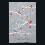 Winter Wonderland Christmas Holidays Kitchen Towel<br><div class="desc">Lovely winter scene with white branches,  colourful birds,  falling snow and beautiful Christmas decorations.
Beautiful winter scenery with birds in yellow,  orange,  blue and red,  Christmas bauble ornaments and Christmas bells.
Personalize by changing the text.</div>