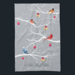Winter Wonderland Christmas Holidays Kitchen Towel<br><div class="desc">Lovely winter scene with white branches,  colourful birds,  falling snow and beautiful Christmas decorations.
Beautiful winter scenery with birds in yellow,  orange,  blue and red,  Christmas bauble ornaments and Christmas bells.
Personalize by changing the text.</div>