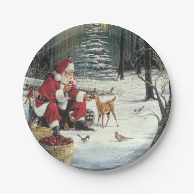 Winter Wonderland Christmas Santa And Deer Paper Plate (Front)