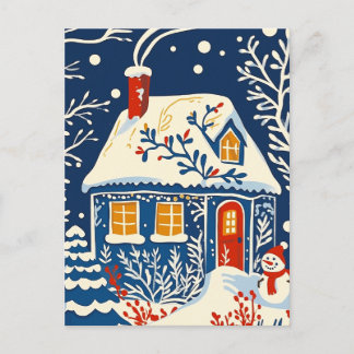 Winter Wonderland, Cottage, Holiday folk art Postcard