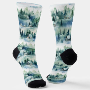 Winter Wonderland - Cozy Teal Cabin and Trees Socks