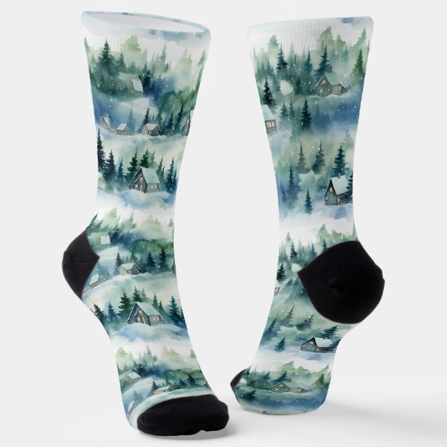 Winter Wonderland - Cozy Teal Cabin and Trees Socks (Angled)