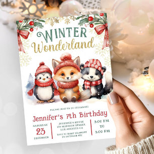 Winter Wonderland Cute Snow Animals 7th Birthday Invitation