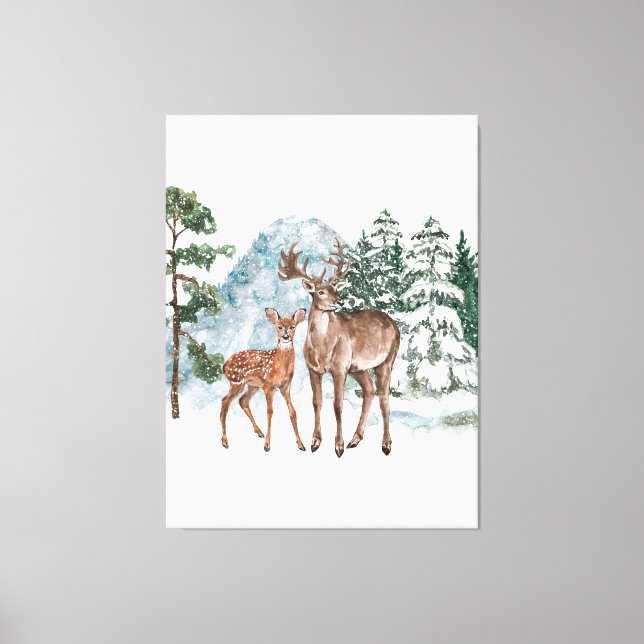 Winter Wonderland Dear and Pine tree snow Fall Tap Canvas Print (Front)