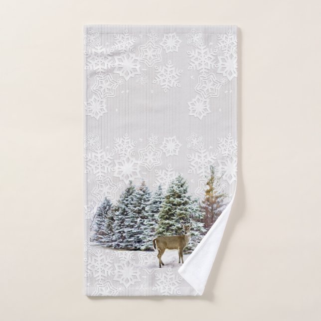 Winter Wonderland Deer and Pine Trees Holiday Hand Towel (Hand Towel)