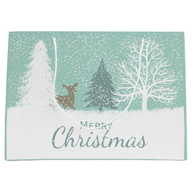 Winter Wonderland deer, snow pine trees Christmas Large Gift Bag (Front)