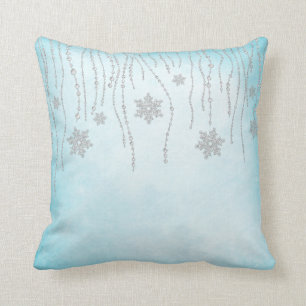 Winter Wonderland Diamond Snowflakes Teal Blue Throw Pillow