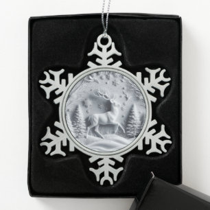Winter Wonderland Embossed Stag Deer Snowflake Pewter Christmas Ornament