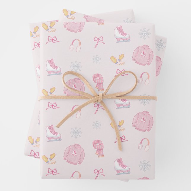Winter Wonderland Figure Skate Ice Skate Pink Wrapping Paper Sheet (In situ)