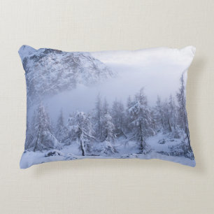 Winter wonderland, fog, spruce forest and mountain accent pillow