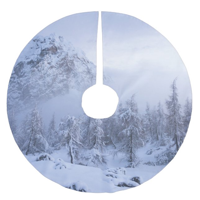 Winter wonderland, fog, spruce forest and mountain brushed polyester tree skirt (Front)