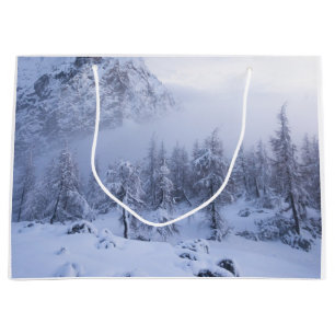 Winter wonderland, fog, spruce forest and mountain large gift bag