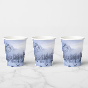 Winter wonderland, fog, spruce forest and mountain paper cups