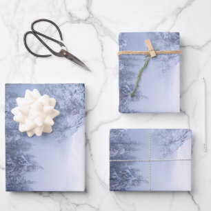 Winter wonderland, fog, spruce forest and mountain wrapping paper sheet