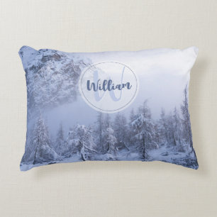 Winter wonderland fog spruce forest snow monogram accent pillow
