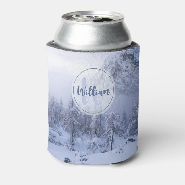 Winter wonderland fog spruce forest snow monogram can cooler (Can Back)