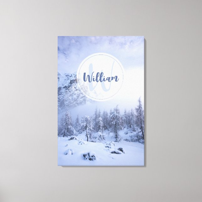 Winter wonderland fog spruce forest snow monogram canvas print (Front)