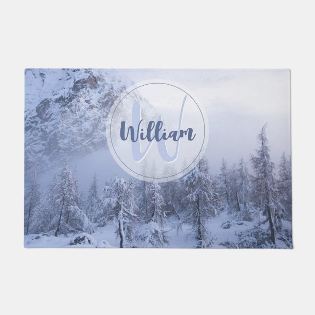 Winter wonderland fog spruce forest snow monogram doormat (Front)