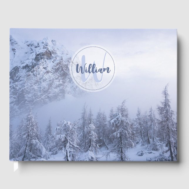 Winter wonderland fog spruce forest snow monogram guest book (Front)