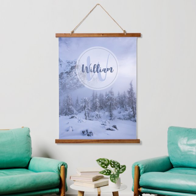 Winter wonderland fog spruce forest snow monogram hanging tapestry (Living Room)