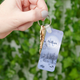 Winter wonderland fog spruce forest snow monogram keychain