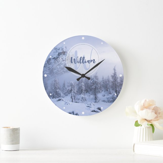 Winter wonderland fog spruce forest snow monogram large clock (Home)
