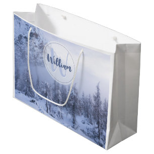 Winter wonderland fog spruce forest snow monogram large gift bag