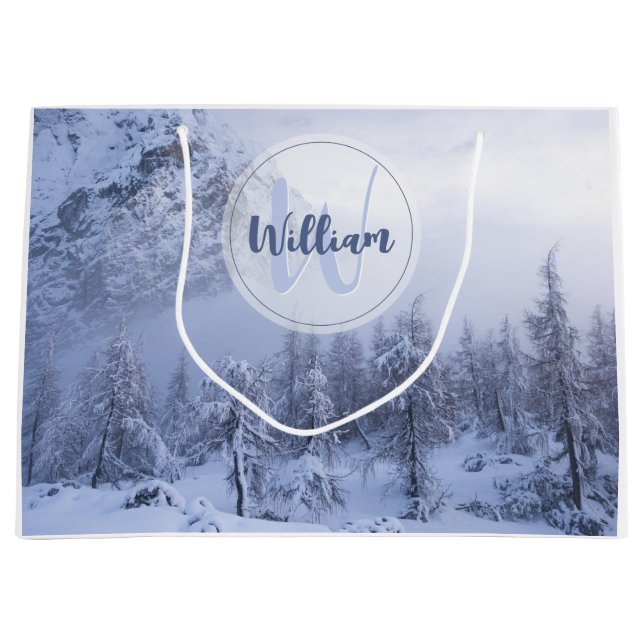 Winter wonderland fog spruce forest snow monogram  large gift bag (Front)