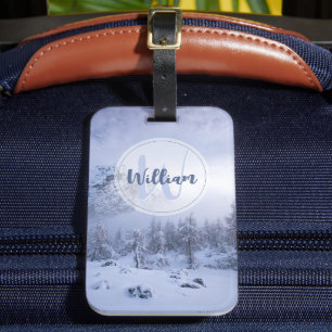 Winter wonderland fog spruce forest snow monogram luggage tag