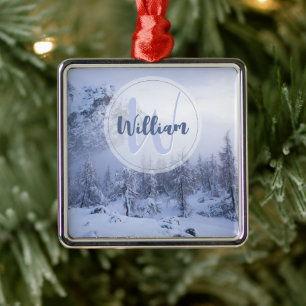 Winter wonderland fog spruce forest snow monogram metal ornament