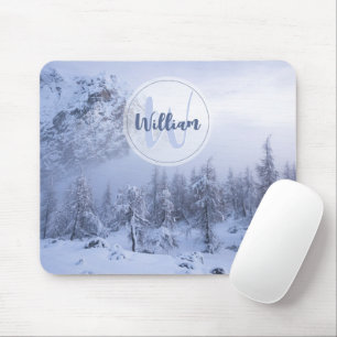 Winter wonderland fog spruce forest snow monogram mouse pad