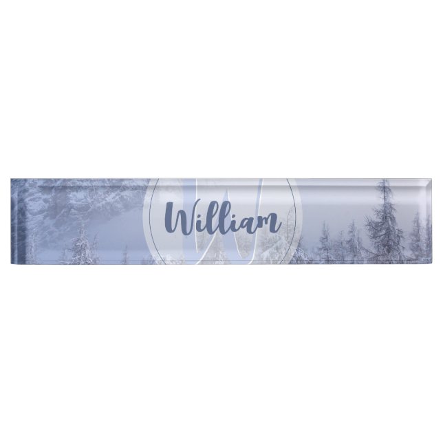 Winter wonderland fog spruce forest snow monogram nameplate (Front)