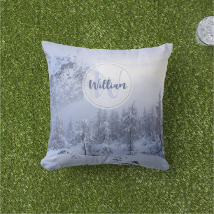 Winter wonderland fog spruce forest snow monogram  outdoor pillow