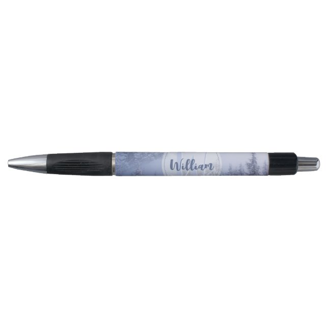 Winter wonderland fog spruce forest snow monogram pen (Front)