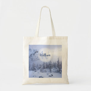 Winter wonderland fog spruce forest snow monogram tote bag