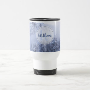Winter wonderland fog spruce forest snow monogram travel mug