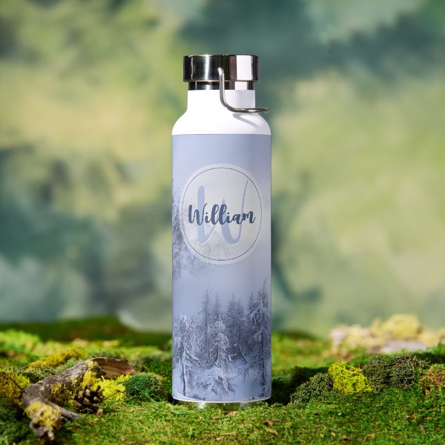 Winter wonderland fog spruce forest snow monogram  water bottle (Outdoor)