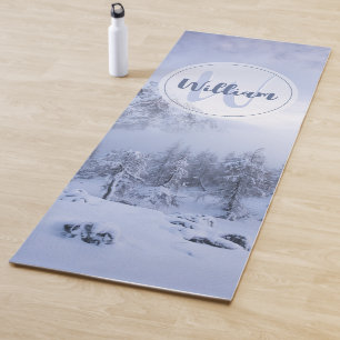 Winter wonderland fog spruce forest snow monogram yoga mat
