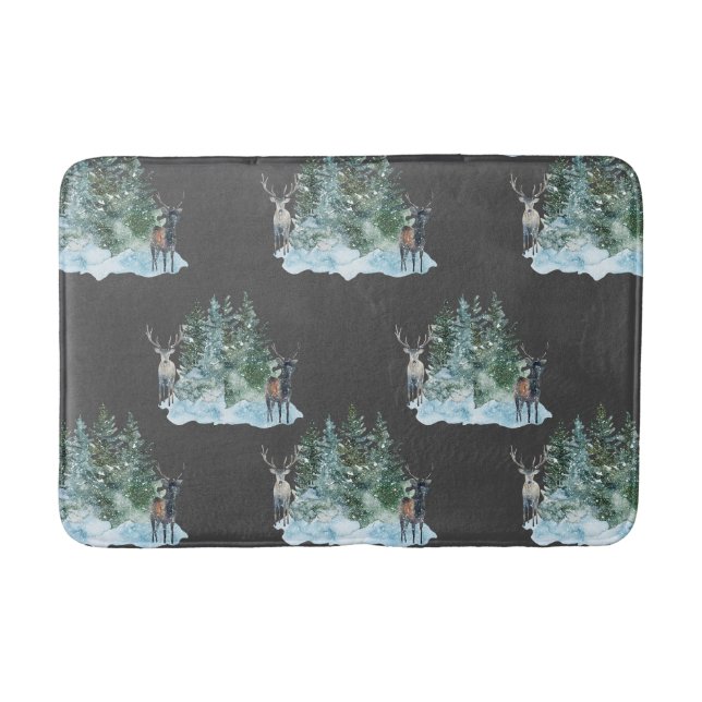 Winter Wonderland Forest Antlers Pine Trees Bath Mat (Front)