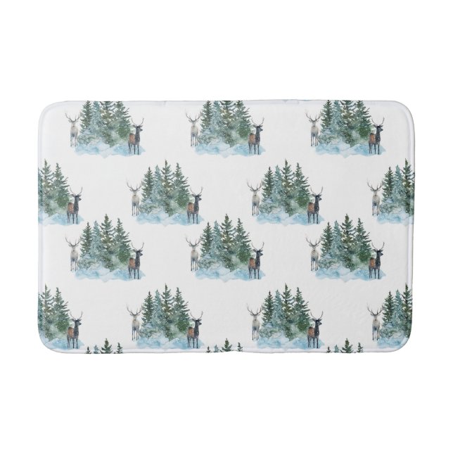 Winter Wonderland Forest Antlers Pine Trees Bath Mat (Front)