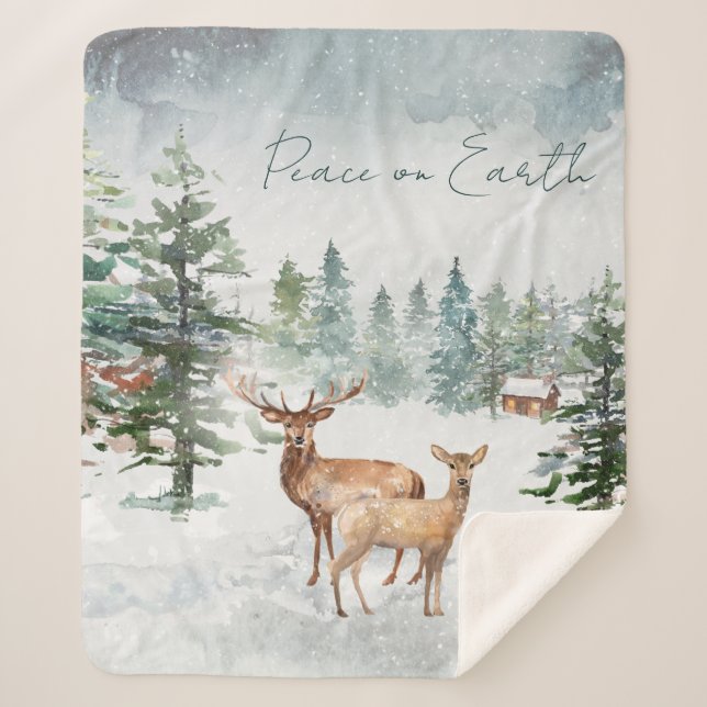 Winter Wonderland Forest Peace On Earth Christmas Sherpa Blanket (Front)