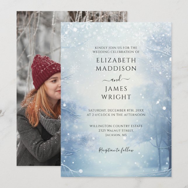 Winter Wonderland Forest Photo Wedding Invitation (Front/Back)