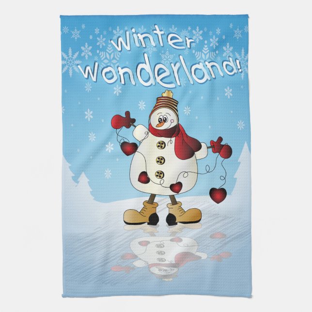 Winter Wonderland Heart Snowmen Kitchen Towel (Vertical)